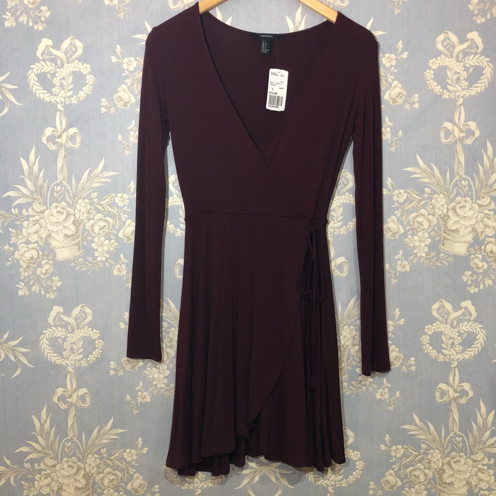 Burgundy Wrap Tie Flare Dress